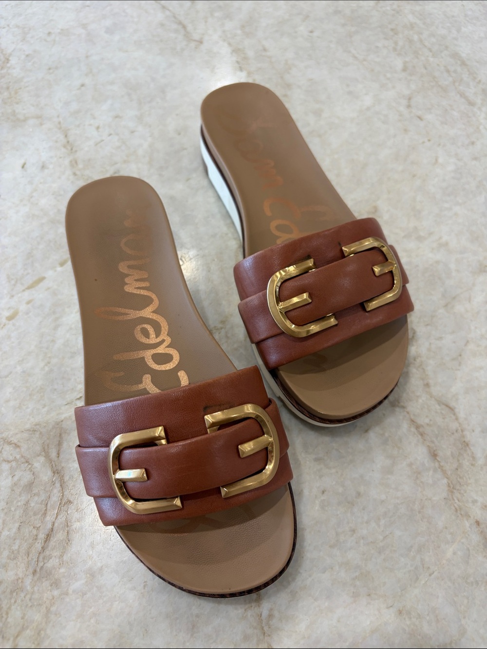 Sam Edelman Amelia brown Leather Slide Sandals with Gold Buckle, 1 inch platform